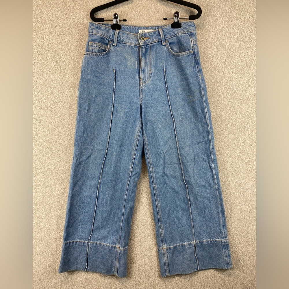 Zara Jeans Womens 4 High Rise Wide Leg Seam Front Cropped Inseam 25” Skater Y2k